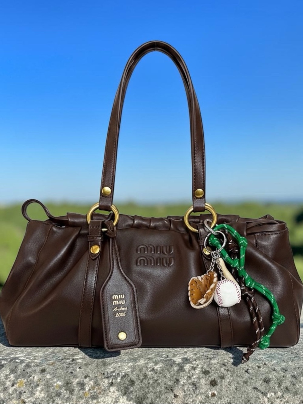 Miu Miu Dark Brown Leather Shoulder Bag with Green Charm - Picture 3 of 10